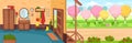 Cartoon hallway background. Panorama with the open door, wardrobe, chest of drawers, mirror, coat rack with clothes, umbrella. The